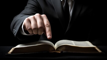 Confident man in a formal suit pointing to a meaningful text in an open Bible, set against a black background, symbolizing teaching, scripture, faith, spiritual guidance in a solemn reflecting setting