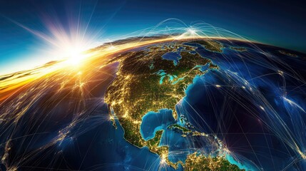 Digital globe with connected trade routes, global network, world trade