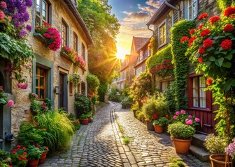 Fototapeta premium Charming Old Street in the City with Cobblestones, Quaint Buildings, and Lush Greenery Perfect for Urban Exploration and Photography Enthusiasts