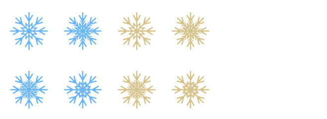 Set of snowflakes, blue, golden and white on transparent background. Vector illustration, decorative element, clipart.
