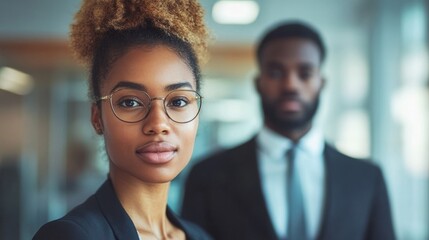 Confident Businesswoman Wearing Glasses with a Man in the Background