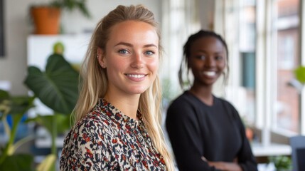 Portrait of a Smiling Blonde Woman with a Friend in the Background