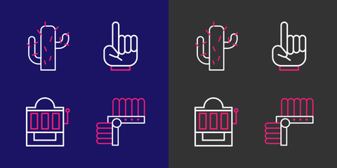 Set line Indian headdress with feathers, Slot machine, Number 1 one fan hand glove and Cactus icon. Vector