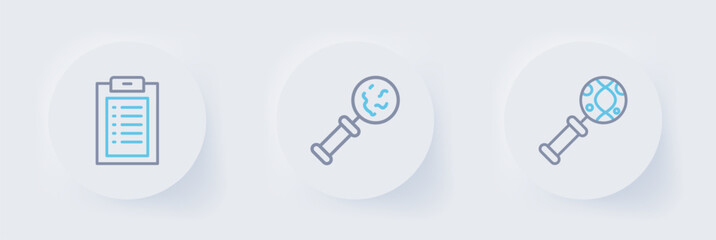 Set line DNA research, search, Microorganisms under magnifier and Clinical record icon. Vector