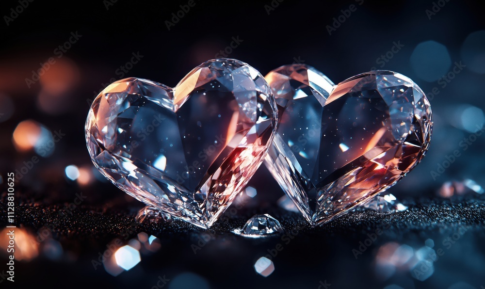 Poster heart-shaped diamonds sparkling on dark background, reflections and bokeh effects create enchanting 
