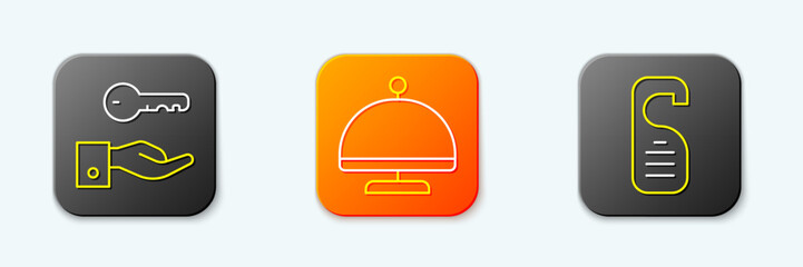 Set line Hotel door lock key, Covered with tray and Please not disturb icon. Vector