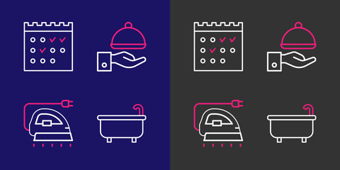 Set line Bathtub, Electric iron, Covered with tray and Hotel booking calendar icon. Vector