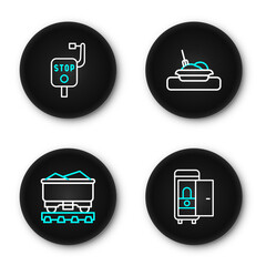 Set line Toilet in the train car, Coal wagon, Plate with food and Emergency brake icon. Vector