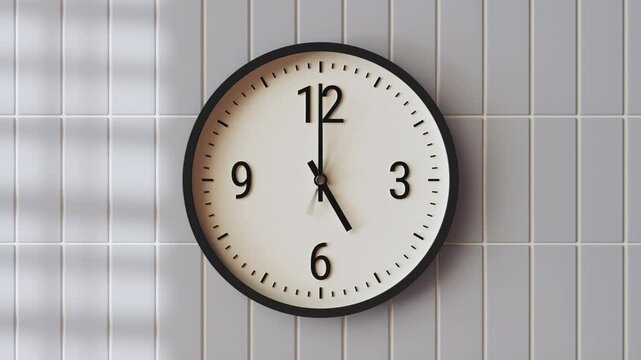 Time-lapse of black and white classic wall clock indoors building, light blue color tile wall texture background, moving shadows from window blinds, soft sunlight, sunny day to evening transition