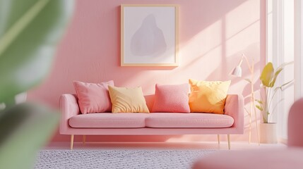 A cozy pink living room with a stylish sofa and decorative cushions.