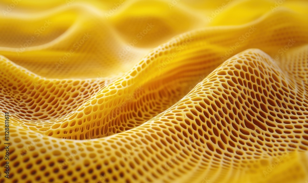 Poster textured yellow fabric with honeycomb pattern, soft waves and folds create depth and dimension, vibr