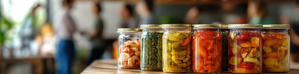 Row of colorful pickled vegetables in jars on table, people in background