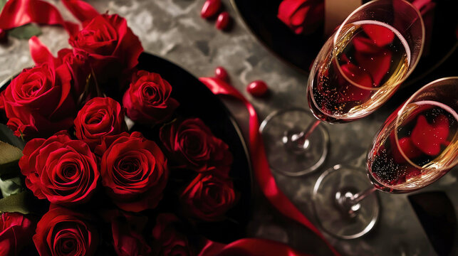 Luxury Valentine's background featuring red roses and champagne flutes for personalized moments