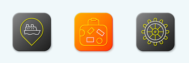 Set line Location with cruise ship, Suitcase and Ship steering wheel icon. Vector