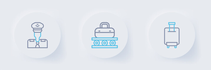 Set line Suitcase, Conveyor belt with suitcase and Pilot icon. Vector