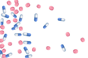 Antiviral pills medical vector illustration. Capsule drugs and tablets disease prescription elements. Blue white and pink pills, emergency treatment or vitamins. Fever cure drugs.