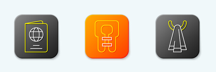 Set line Passport, Life jacket and Towel on hanger icon. Vector