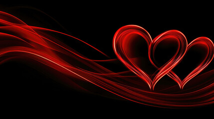 Twin hearts glowing in red neon lines on a dark background for Valentine's Day celebration
