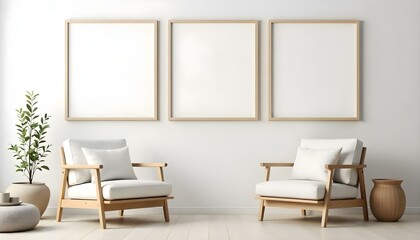 Two wooden armchairs with white cushions in a minimalist living room setting with empty frames on the wall