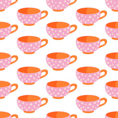 Seamless pattern with orange cup with pink floral design on a white background in flat style. Perfect for home decor, gift wrapping, fabric print and creative project.