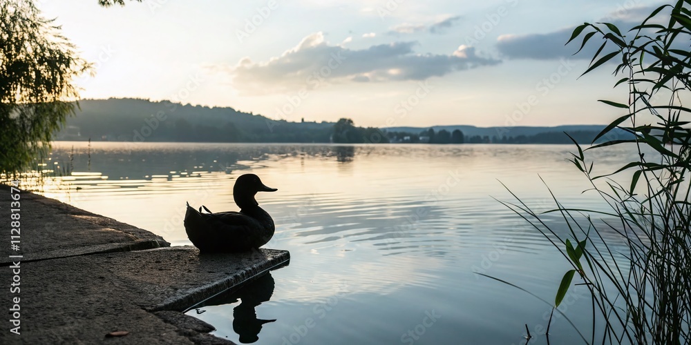 Poster charming rubber duck silhouette design on a serene lake background with soft reflections and gentle 