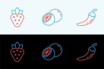 Set line Hot chili pepper pod, Strawberry and Orange fruit icon. Vector