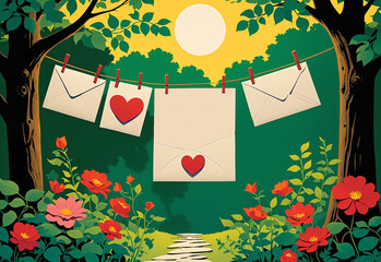 Paper-cut illustration, flat cartoon style with dramatic shadows. Sealed with wax seals and tied with twine, hangs from a clothesline in a secret garden. The garden is filled with lush foliage