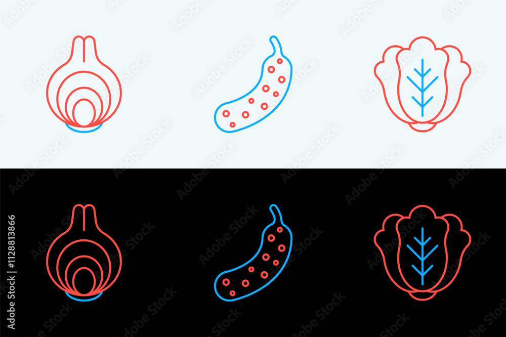 Poster set line cabbage, onion and fresh cucumber icon. vector