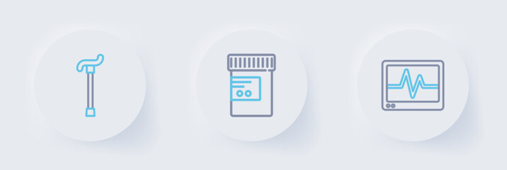 Set line Monitor with cardiogram, Medicine bottle and pills and Walking stick cane icon. Vector