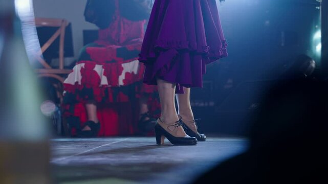 Long legged woman in purple traje de flamenca on stage