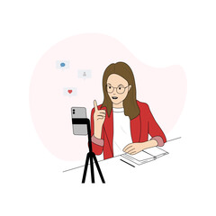 A female blogger in front of a smartphone camera, recording a video, taking a photo. A live broadcast, video blog displayed on mobile phone screen. Blogger day.