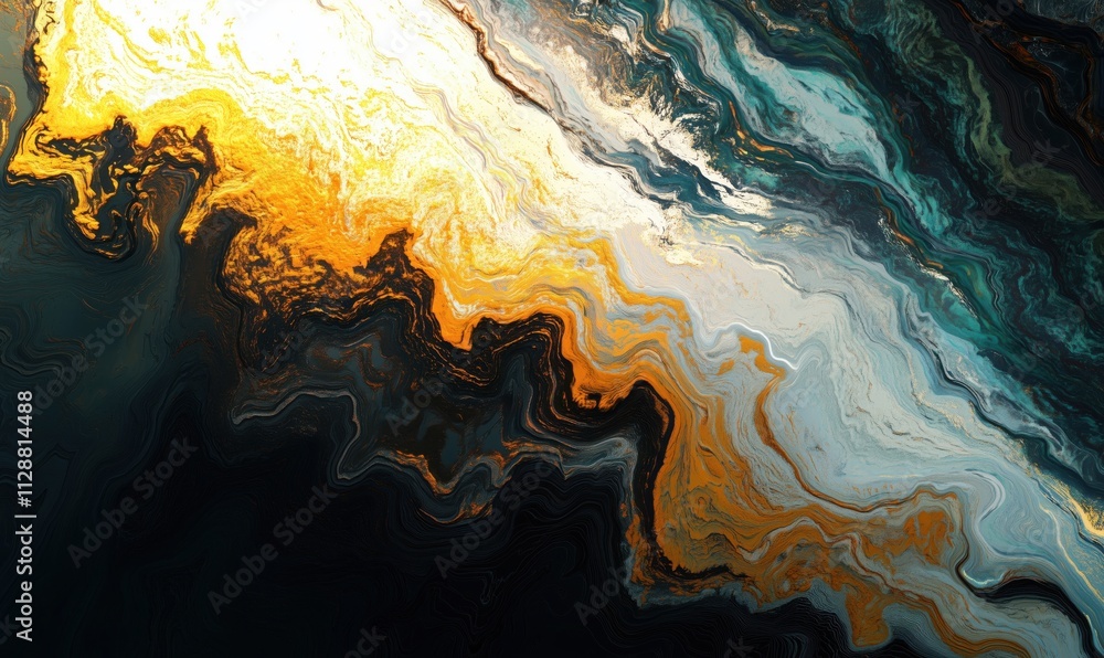 Poster abstract swirling patterns in vibrant colors, featuring orange, white, and teal hues, creating a dyn