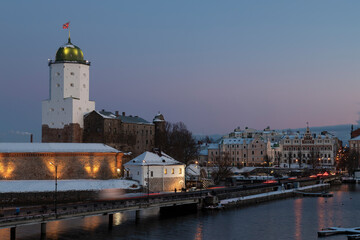 Evening November landscape with the ancient Vyborg Castle. Historical center of Vyborg. Leningrad region, Russia