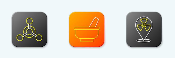 Set line Molecule, Mortar and pestle and Radioactive in location icon. Vector