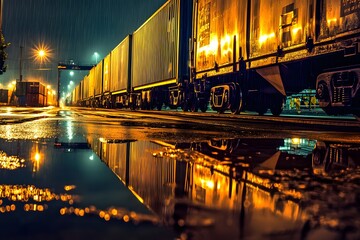 Obraz premium A freight train parked in a rainy train yard, with raindrops glistening on the shipping containers and reflective puddles on the ground.