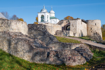 At the ancient Izborsk fortress on a sunny October day. Pskov region, Russia