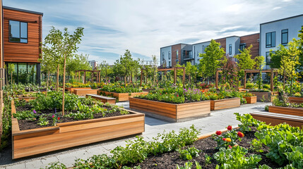 Fototapeta premium New York urban community garden with vegetable beds and floral planters, vibrant city oasis
