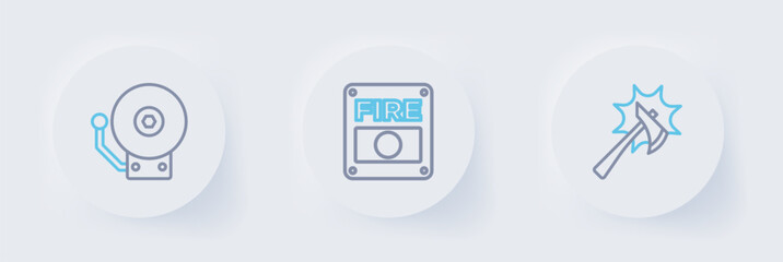 Set line Firefighter axe, alarm system and Ringing bell icon. Vector