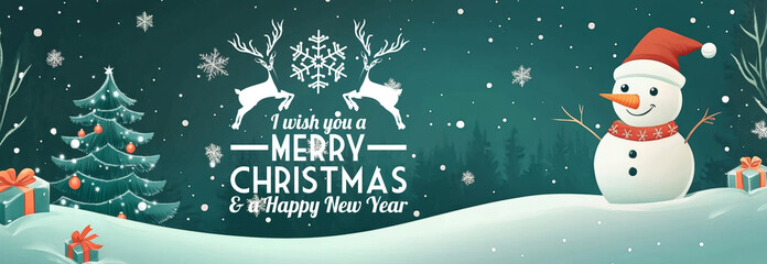 Merry Christmas and Happy New Year 2025- Greeting card with English text, clock, fireworks and snow - Panorama, banner, header with copy space - Abstract background
