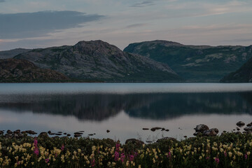View of the lake and mountains in Teriberka