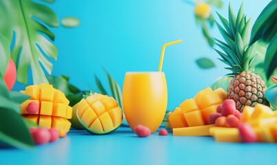 Tropical fruit arrangement with mango, pineapple, raspberry, and juice