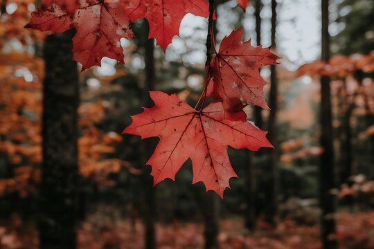 A close-up of vibrant red maple leaves hanging delicately from a branch, with a blurred autumn forest scene in warm tones behind.