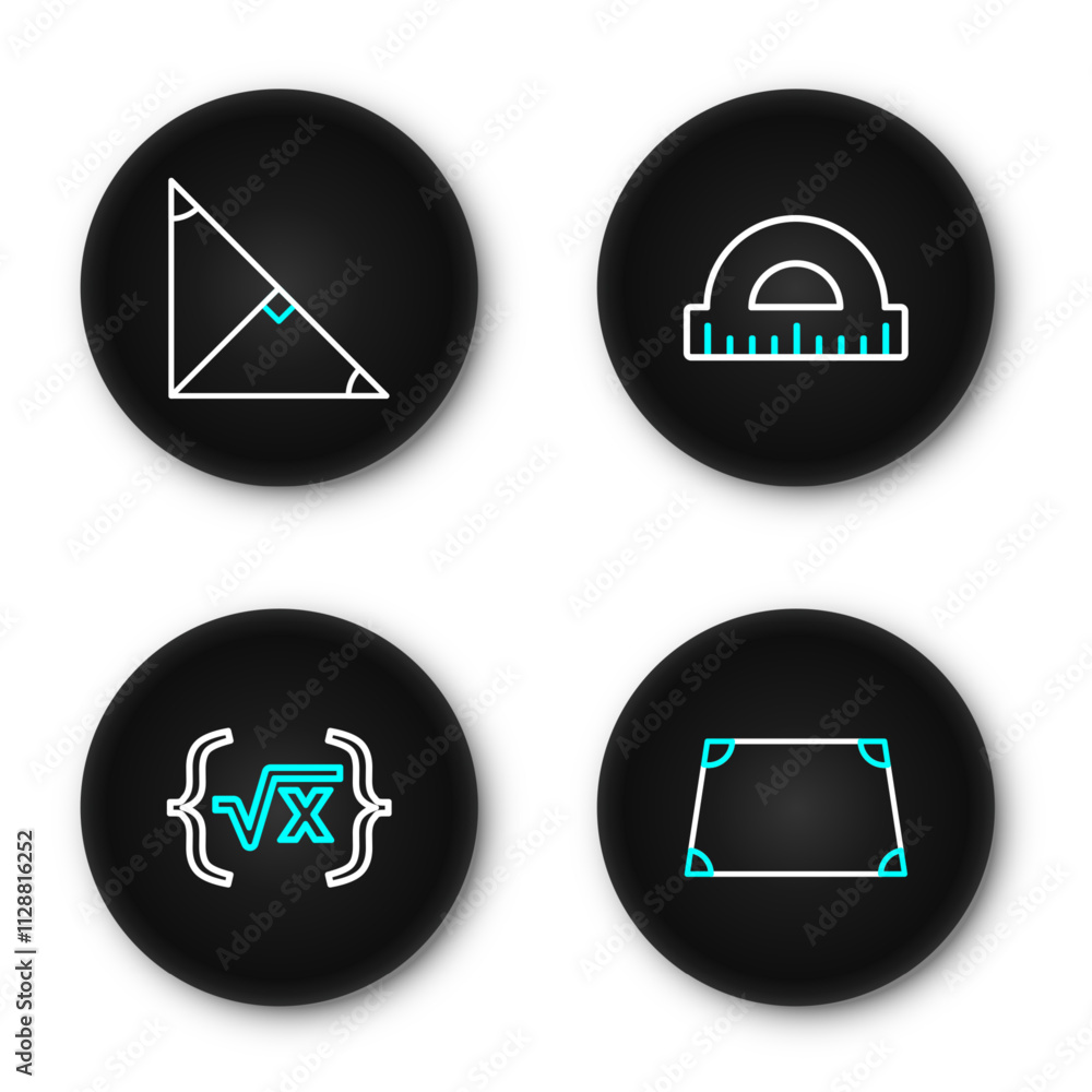 Poster set line acute trapezoid shape, square root of x glyph, protractor and angle bisector triangle icon.