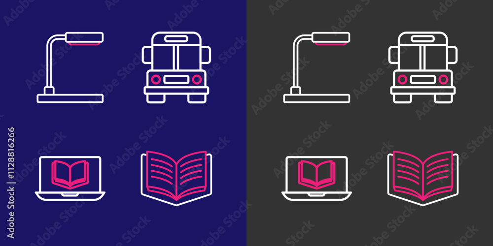 Poster set line open book, online class, school bus and table lamp icon. vector