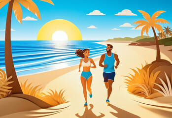 Paper-cut illustration, flat cartoon style, depicting a couple jogging hand-in-hand along a sunny beach. Man and woman are smiling, energetic expressions. The background features a clear blue sky