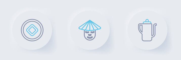 Set line Chinese tea ceremony, man and Yuan currency icon. Vector