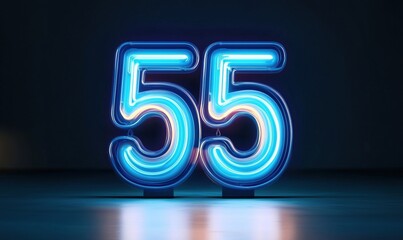 Neon number 55 glowing brightly, modern design, blue and white colors, illuminated against dark background