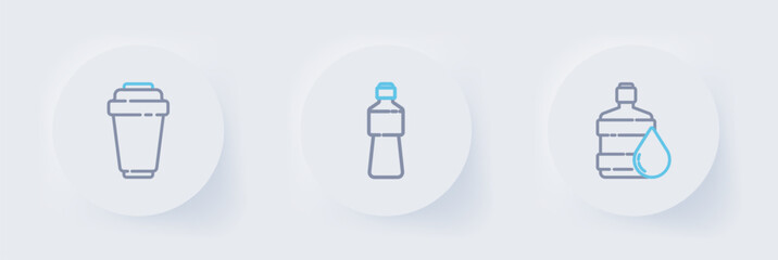 Set line Big bottle with clean water, Bottle of and Water filter cartridge icon. Vector