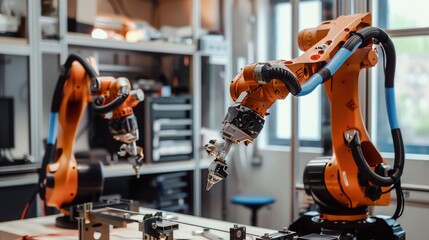 Two industrial robotic arms in a factory setting.