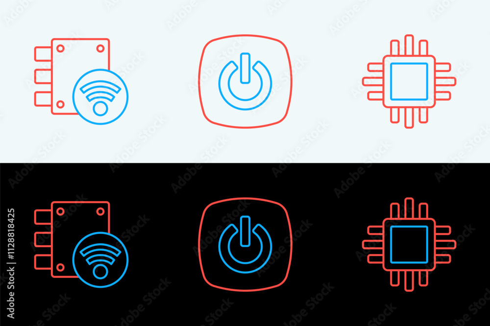 Poster set line processor with cpu, digital door lock and smart home icon. vector